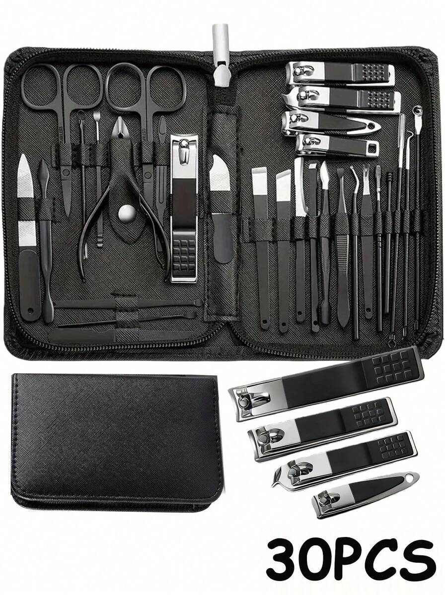 7/10/12/18/30件套修甲套装，包含指甲钳、指甲剪、嵌甲修剪器、指甲锉和指甲钳，男女通用修甲工具（黑色）