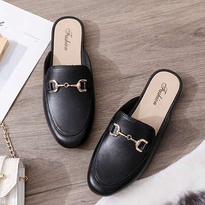 2025 Autumn/Winter New Square Heel Open Toe Backless Slip-On Shoes, Small Metal Buckle, British Style Versatile Lightweight Soft Women Flat Mules, Indoor Outdoor Casual Comfortable Loafers, Suitable For Commuting, Shopping, Party, Wedding And Formal Occasions (Run Small)