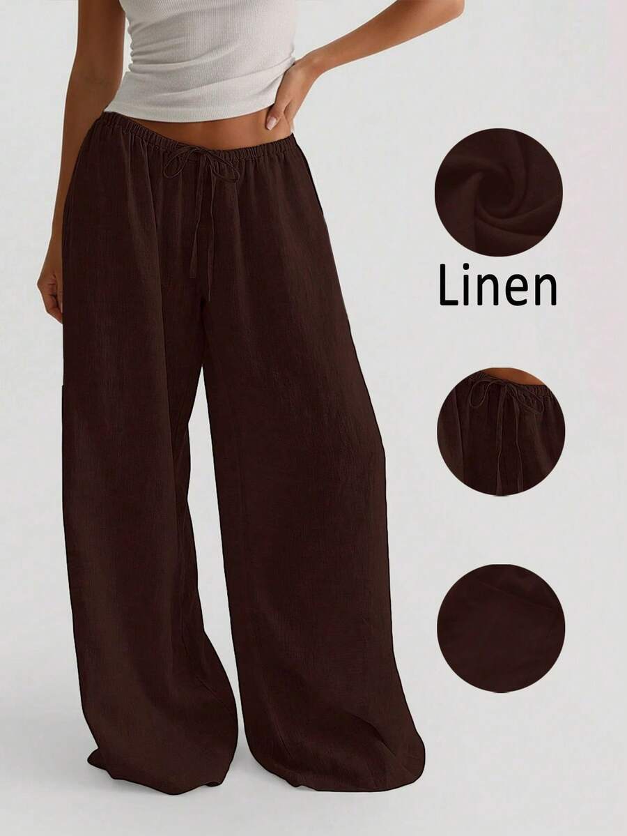 Women's Casual Comfortable Versatile Linen Loose Flowy Wide Leg Pants Spring - Brown - View 1