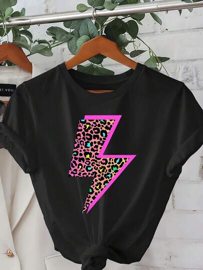Cheetah And Neon Lightning Print T-Shirt, Short Sleeve Round Neck Casual Top, Spring And Summer For Women's Clothing