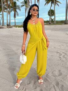 AIJ Amarillo Yellow Sexy Spaghetti Strap Loose Waist Design Casual Jumpsuit, Outerwear Jumpsuit, Holiday Beach Outfit, Music Festival Outfit, Spring/Summer New Women's Fashion - Mustard Yellow - View 8