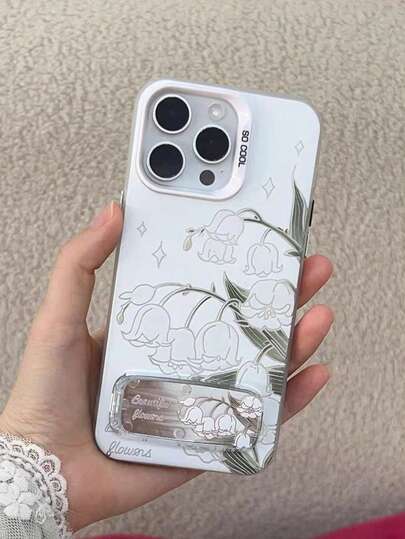 1PC Luxury Texture Lily Of The Valley Invisible Stand Phone Case With Mirror For 11/12/13/14/15/16 Pro/17 Pro Max, Fashion Full Coverage Protective Case, Valentine's Day Gift