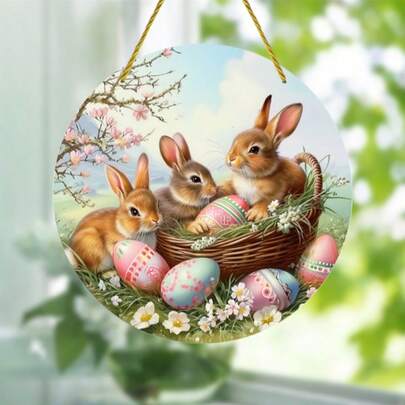 1 件装，复活节兔子窗贴，彩色木质挂牌，女士礼物，春季装饰，圆形标牌，花环标牌，花环中心装饰，女士生日礼物，乔迁礼物（6x6 英寸 15x15 厘米），窗户装饰，门廊装饰，墙面装饰，家居装饰，房间装饰