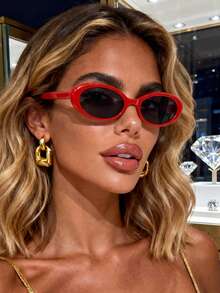 1 Pair Women's Red Oval Elegant Fashion Glasses, Suitable For Outings, Travel, Summer Accessories, Sports Style, Driving, Beach, Electronic Music Festival, Vacation, Family Outings, Golf, Hiking, Elegant Outfit, Street, Party - Red - View 1