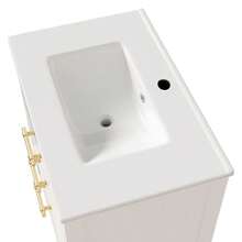 White Vanity Unit With Ceramic Basin – Freestanding Bathroom Unit With 2 Drawers And An Open Compartment, High-Quality Lacquered MDF Panel, Gold Handles, Without Tap Or Drain - White + Gold - View 7