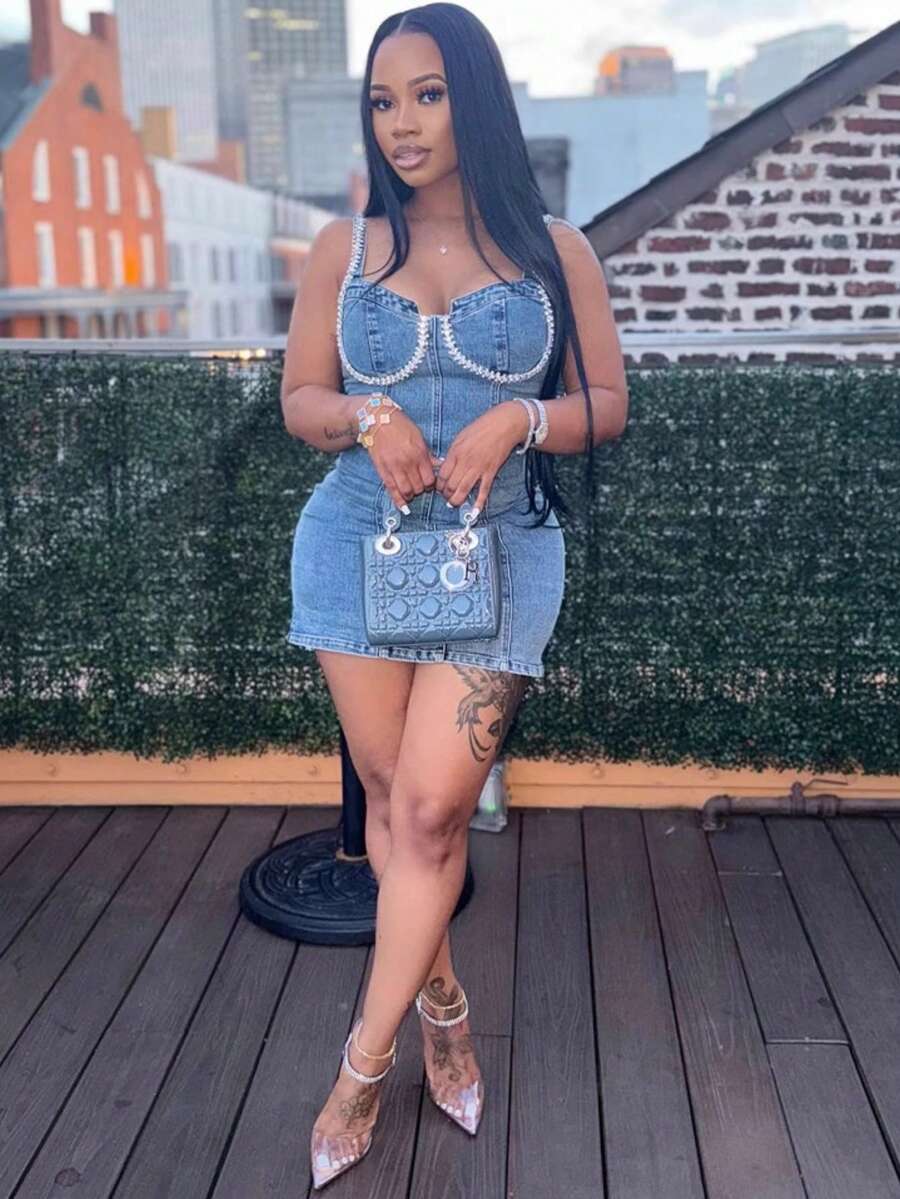 Women's Denim Sleeveless Mini Bodycon Short Dress Elastic Tight Washed Dress Slim Fit Off-Shoulder Dress Casual Vintage For Spring Summer Fall Women Clothes Valentine's Day Night Date Outfit Graduation Party - 藍色 - 查看 1