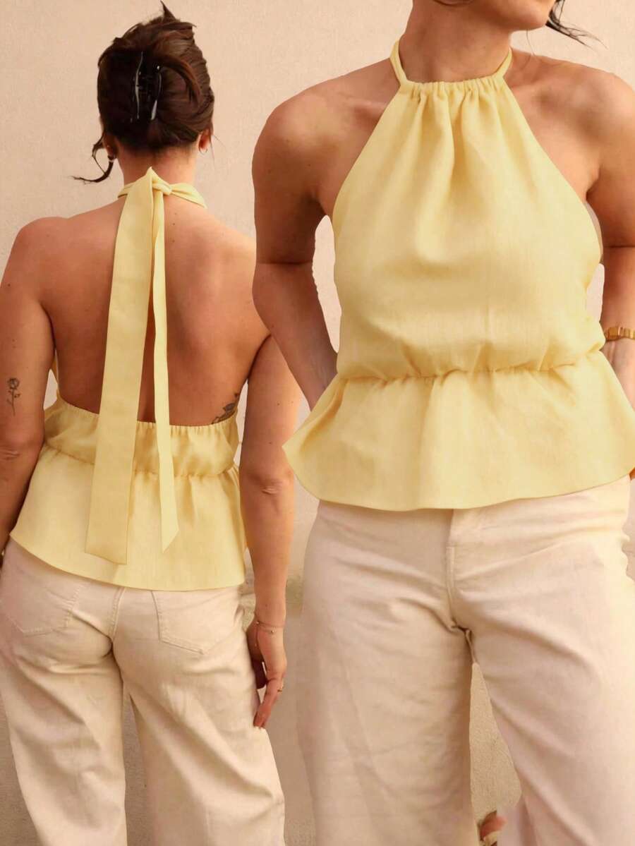 Áo hai dây nữ dáng suông, thoải mái, có dây rút, thích hợp mặc hàng ngày, đi làm, đi nghỉ mát - Thanh lịch, mềm mại, nhẹ nhàng, màu trơn, thích hợp cho bãi biển, đường phố, du lịch mùa hè. - Kem - Xem 1