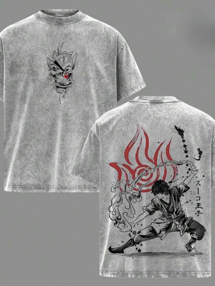 : The Last Airbender Zuk Retro Washed T-Shirt, Firelord Prince Anime T-Shirt, Blue Flame Manipulation Pattern Shirt, Redemption Arc Aesthetics, Street Style Anime T-Shirt, Dark Youth Retro Design - 灰色 - 查看 1