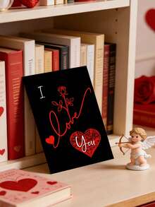 Elegant Valentine's Day Greeting Card With Red Rose Motif: Express Love, Passion & Romance​ – Features A Sleek Black Background With Striking Red Cursive "I Love You", Accompanied By A Delicate Red Rose And Intricate Heart Patterns. The Card Measures 17.8cm*12.7cm/7"*5" And Comes With A Matching Red Envelope. - Single Piece - View 2