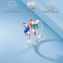 1pc 925 Sterling Silver Jewelry, Exquisite Design, Inlaid With Various Colors Of Cubic Zirconia Gemstones, Flower-Shaped, With Rotating Function - Silver - View 6
