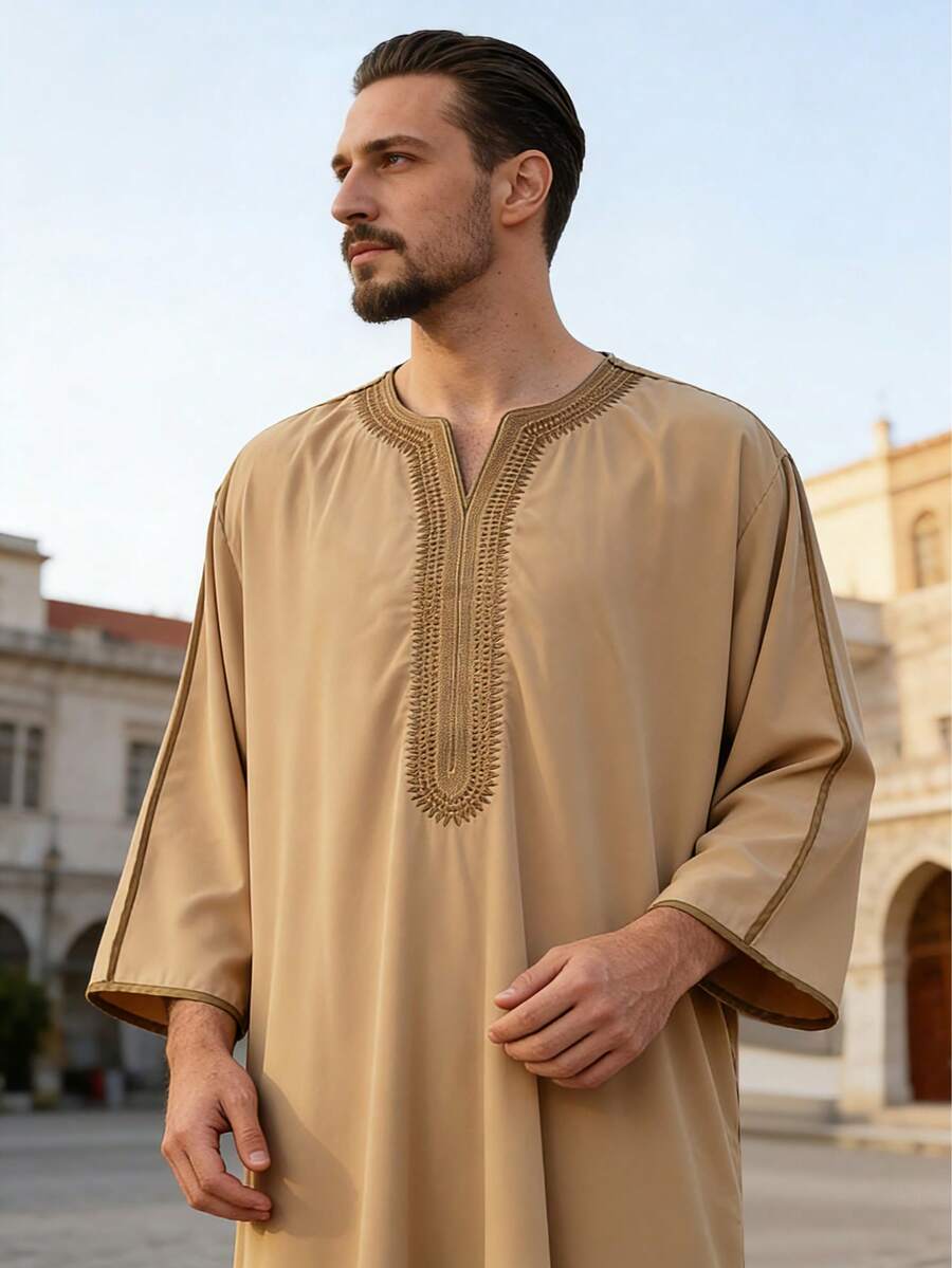 Áo Eid thêu dành cho nam, áo Thobe kiểu Ma-rốc, áo Thawb màu trơn, áo Gandoura nam, áo Thobe Gandoura truyền thống Ả Rập dành cho nam. - Màu Khaki - Xem 1