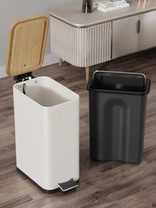 1pc 5L Large Capacity Rectangular Iron Trash Can With Bamboo Lid, Black & White Options, Pedal Open Garbage Bin For Living Room, Bathroom, Toilet - Multicolor - View 8