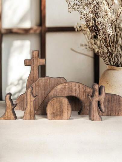 13pcs Easter Resurrection Scene & Cross Decor Set, Wooden Easter Resurrection Scene Cross Jesus Tomb Tray Set, Jesus Nativity Scene Decor, Suitable For Religious Places, Home Office Desk, Christian Gifts, Home Figurine Decor, Cemetery Easter Holiday Table Decor