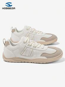 HOBIBEAR Men's Wide Fit Soft Bottom Shoes, Patchwork Round Toe Lace-Up Flat Shoes, Minimalist Retro Style Unisex Casual Sneakers, Breathable Mesh, All Season - Khaki - View 4