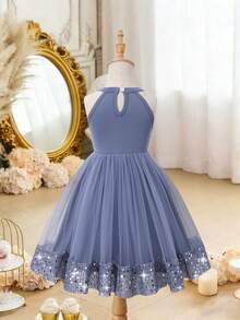 Girls' Elegant Solid Color Sequin Mesh Dress, Spring/Summer - Navy Blue - View 2