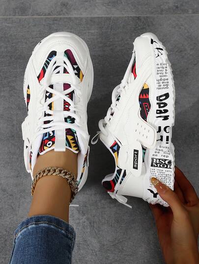 2026 Women's Casual Sneakers, White Athletic Running Shoes, Breathable Mesh Lace-Up Comfortable Soft Sole Lightweight Sneakers, Fashionable Printed Platform Shoes For Daily Commute