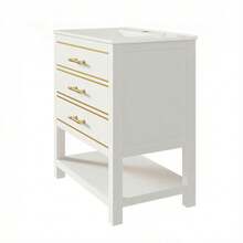 White Vanity Unit With Ceramic Basin – Freestanding Bathroom Unit With 2 Drawers And An Open Compartment, High-Quality Lacquered MDF Panel, Gold Handles, Without Tap Or Drain - White + Gold - View 6