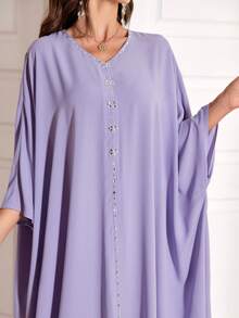 Women's Elegant Long Dress With Crystal Bat Wing Sleeves, Light Purple, Suitable For Vacation - Mauve Purple - View 6