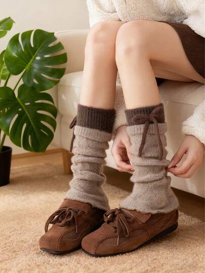 Women's Fuzzy Color Block Leg Warmers With Bow Design - Cozy Fluffy Knitted Boot Socks For Winter, Y2K Aesthetic Japanese Style Slouchy Socks, Suitable For Daily Wear And Pairing With Loafers