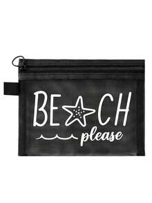 多色防水時尚網格海灘包，印有「Beach Please」彩色圖案、海灘主題、海星與波浪圖案。大容量透明化妝包，尼龍拉鍊盥洗包，輕巧，可裝防曬乳、零食、比基尼和海灘必需品。多色可選 - 彩色 - 查看 14
