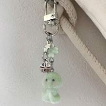1pc Women's Flocked Cartoon Green Snake Keychain With Lucky Four-Leaf Clover Pendant, Cute Earphone/Bag Charm - Multicolor - View 4