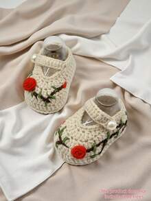 1 Pair Handmade Crochet Infant Booties With Rose Embroidery, Beige Knitted Lace-Up With Pearl Button, Floral Design - Beige - View 1