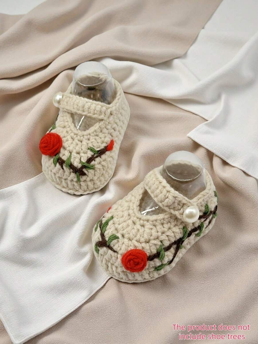 1 Pair Handmade Crochet Infant Booties With Rose Embroidery, Beige Knitted Lace-Up With Pearl Button, Floral Design - Beige - View 1