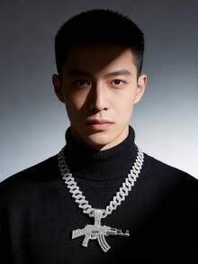 镶满钻石的链AK-47步枪吊坠项链，闪亮粗链项链，男士嘻哈街头风 - 槍吊墜項鍊 - 查看 12