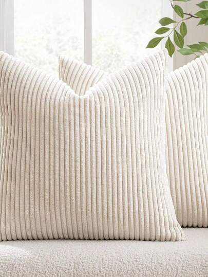 Cream Striped Corduroy Decorative Pillow Cover (Pillow Insert Not Included), Soft Plush Short Corduroy Square Pattern Cushion Cover For Sofa, Bed, Birthday, Mother's Day, Valentine's Day, Home Decor, Student, Travel
