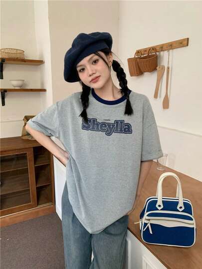 休闲厚绒字母印花宽松短袖T恤