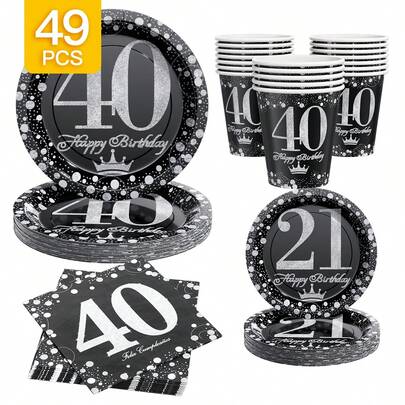40th Birthday Star Themed Disposable Plates, Napkins, Cups Set, Serves 8 Guests, Suitable For Birthday, Wedding, Party, Family Picnic