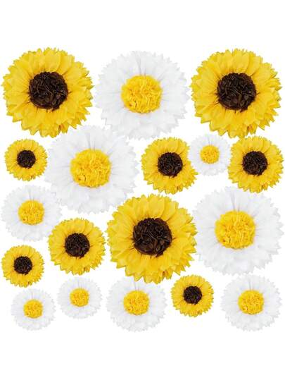 12朵3D立体大向日葵雏菊纸巾花装饰，适合派对、8/10/12英寸黄色和白色绒球花套装，可作墙面装饰，适用于生日、婴儿派对、婚礼、春夏家居装饰
