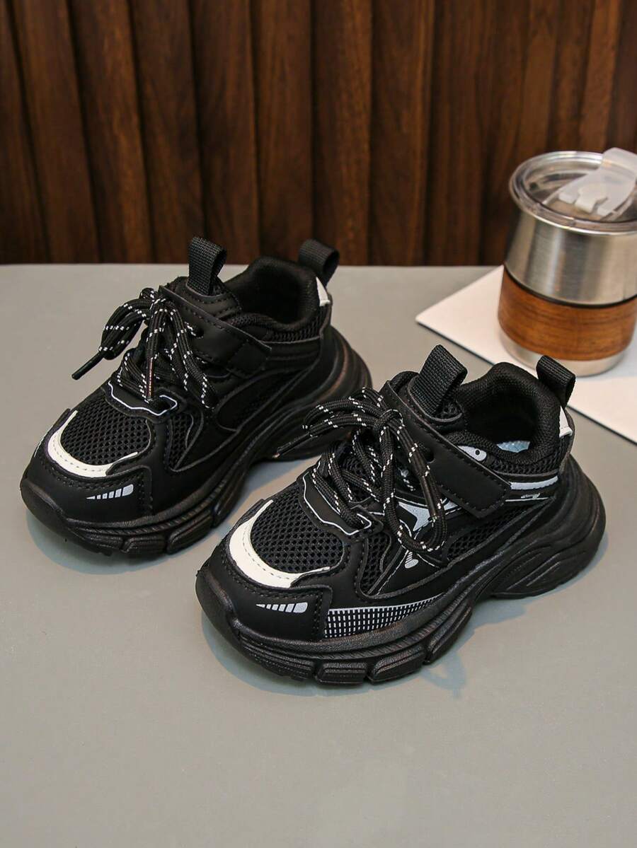 2026 Spring Kids' All-Black Functional Retro Chunky Sneakers, Mesh Breathable Hook And Loop Sports Shoes, Reflective Anti-Slip Soft Sole - Black - View 1