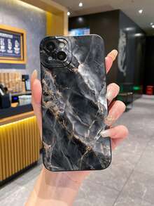 1pc Black Marble Pattern Shockproof Phone Case, UV Printed Compatible With IPhone, /Galaxy, Infinix, Compatible With Redmi, OPPO, VIVO, Realme - Black - View 6