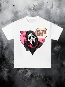 "NO, YOU HANG UP FIRST..." Funny Men's T-Shirt With Face And Heart Motif, Casual Short-Sleeved Shirt Made Of Pure Cotton, Simple And Stylish, Streetwear, Y2K, Subculture, Retro Style, Suitable For Everyday Wear, A Valentine's Day Gift For Men. - 白色 - 查看 1