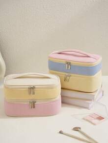 Bolsa de Maquiagem de Veludo Cotelê com Abertura Larga e Muitos Bolsos, Bolsa de Cosméticos Macia e Felpuda, Organizador de Maquiagem Multifuncional para Mulheres com Compartimentos de Tela, Organizador Portátil de Viagem e Negócios para Cuidados com a Pele que Comporta Batons, Cosméticos, Pincéis de Maquiagem, Bolsa de Maquiagem com Zíper de Cor Sólida e Tecido Durável, Bolsa de Vaidade para Armazenamento no Banheiro e Bancada, Bolsa de Maquiagem de Uso Diário para Casa, Escola, Escritório, Viagem, Férias, Volta às Aulas - Básico - Visão 8