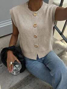 Women's Casual Commuter Metal Buckle Knit Cardigan, Crew Neck Batwing Sleeved Fashion New Style Button Down Jacket, Spring Summer Fall - Camel - View 8