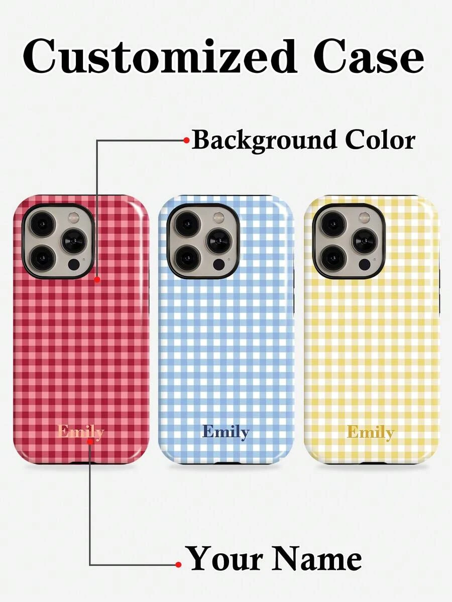 Minimalist Plaid Pattern Customized Glossy Film Hard Shell 1pc Artistic Contrast Color Name Phone Shockproof Case, 2-In-1 Full Coverage Protective Phone Cover Compatible With 11/12/13/14/15/16 17 Pro Max, Birthday Gift Anniversary Aesthetic Phone Case - Multicolor - View 1