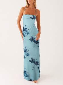 Women Long Dress Floral Print Sleeveless Cami Dress Summer Cross Tie-Up Backless Fashion Spaghetti Strap Dress - 湖藍色 - 查看 1