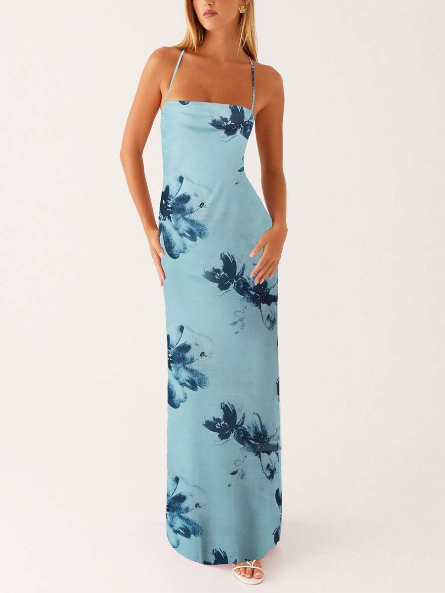 Women Long Dress Floral Print Sleeveless Cami Dress Summer Cross Tie-Up Backless Fashion Spaghetti Strap Dress - 湖藍色 - 查看 1