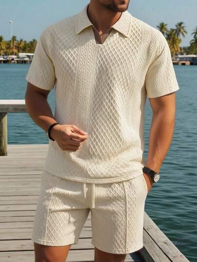 2pcs White Polo Collar Men's Short Sleeve Shorts Set, Breathable Textured Houndstooth Fabric, Basic Casual, Casual Holiday Style, Henley Collar, Men's Casual Suit, Machine Washable, Suitable For Beach Vacation, Strolling On The Beach, Casual Outings
