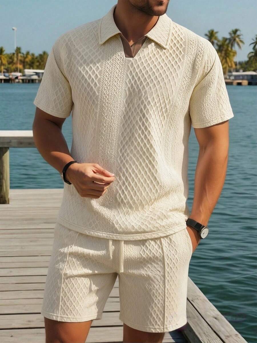 Bộ 2 quần short nam tay ngắn cổ polo màu trắng, chất liệu vải họa tiết răng cưa thoáng khí, kiểu dáng cơ bản, thoải mái, phù hợp cho kỳ nghỉ, dạo chơi trên bãi biển, các hoạt động thường ngày. - trắng - Xem 1