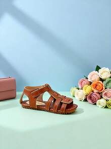 1 Pair Children's Woven Hollow Artificial Leather Soft Non-Slip Open Toe Low-Top Adjustable Ankle Strap Flat Casual Roman Sandals, Suitable For School And Weekend Play - Brown - View 6