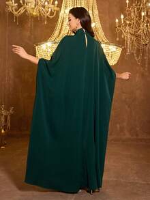UNITHORSE Women's Stand Collar Long Sleeve Embroidered Evening Dress - Dark Green - View 2