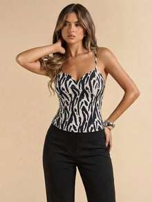 Allover Print Bustier Detail Lace-Up Backless Beach Tank Top For Women - Black and White - View 12