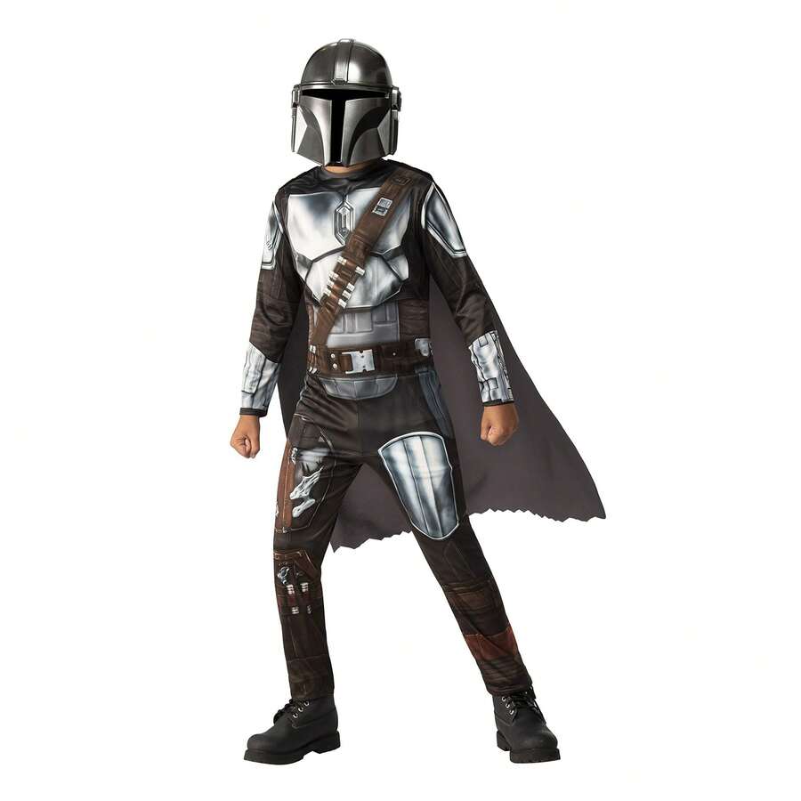 KIWI Mandalorian Classic Star Wars Cosplay Costume, Gray And Brown Jumpsuit With Printed Silver Armor And Cape, Ideal For Carnival And Galactic Theme Parties - 彩色 - 查看 1