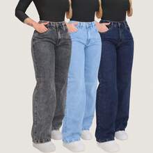 Set Of 3 Women's Wide Leg Jeans, Graphite Gray, High Waist, Casual, Elegant, Boho Style, With Pockets, Button And Zipper, All Seasons - 石墨色 - 淺藍色 - 深藍色 - 查看 1