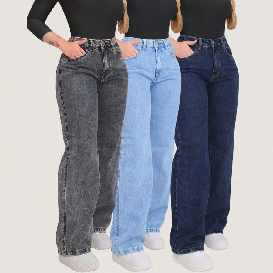Set Of 3 Women's Wide Leg Jeans, Graphite Gray, High Waist, Casual, Elegant, Boho Style, With Pockets, Button And Zipper, All Seasons - 石墨色 - 淺藍色 - 深藍色 - 查看 1