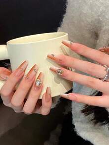 10PCS Super Long Coffin Handmade Press On Nails For Party And Daily Wear, Ice-Penetrating Flash Drilling, Sexy, Luxury And High Sense, Super Long Coffin Nails, Easy To Wear 10pcs Y2K Handmade Press On Nails, Suitable For Girls And Women Festivals Parties And Daily Wear. Nail Supplies - Coral Orange - View 3