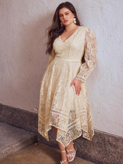 Simplee 大码女装春夏新款时尚精致蕾丝边拼接下摆长袖连衣裙，V领设计，不对称下摆，适合派对、约会、婚礼、生日等场合